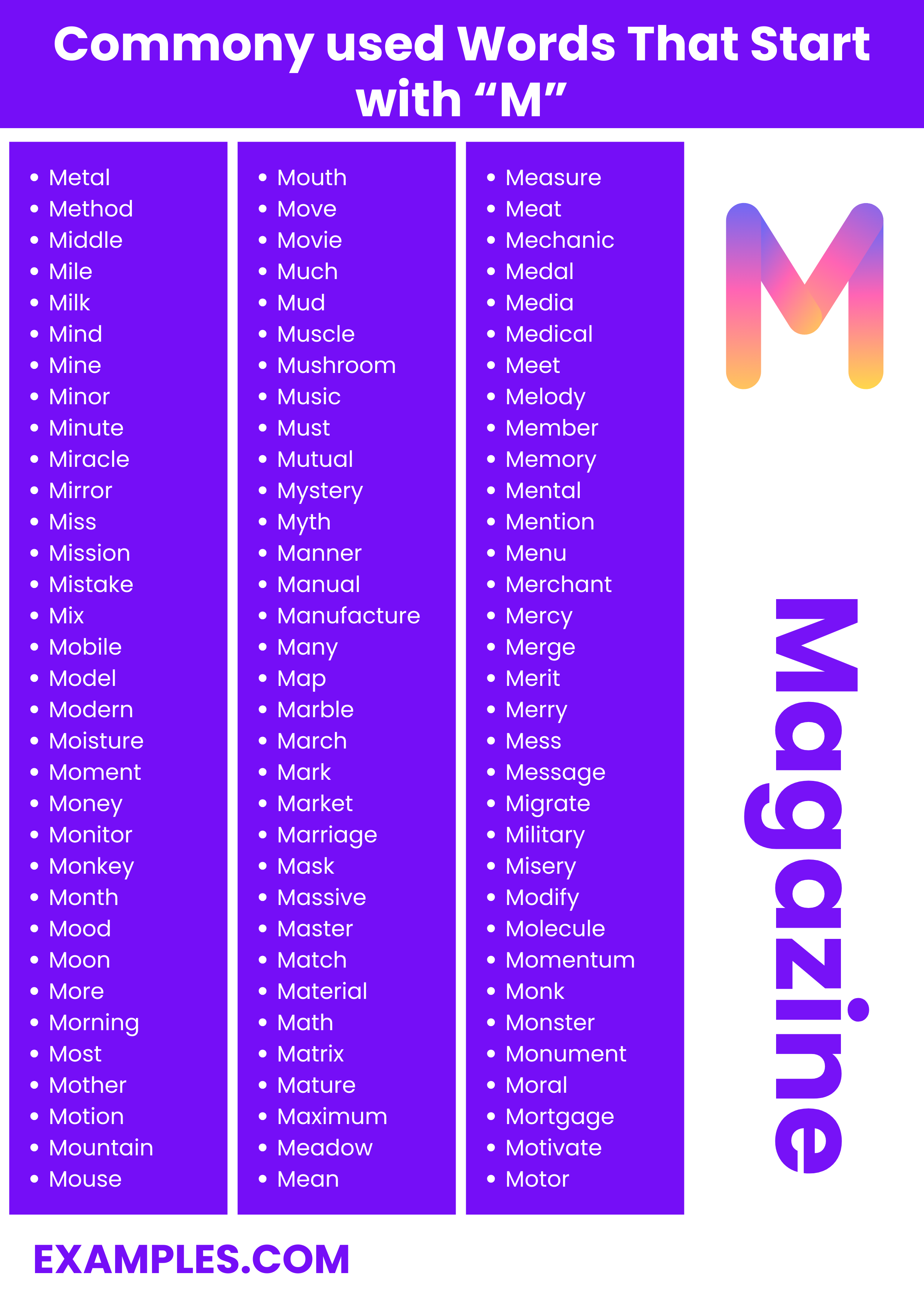 most commonly used words with m