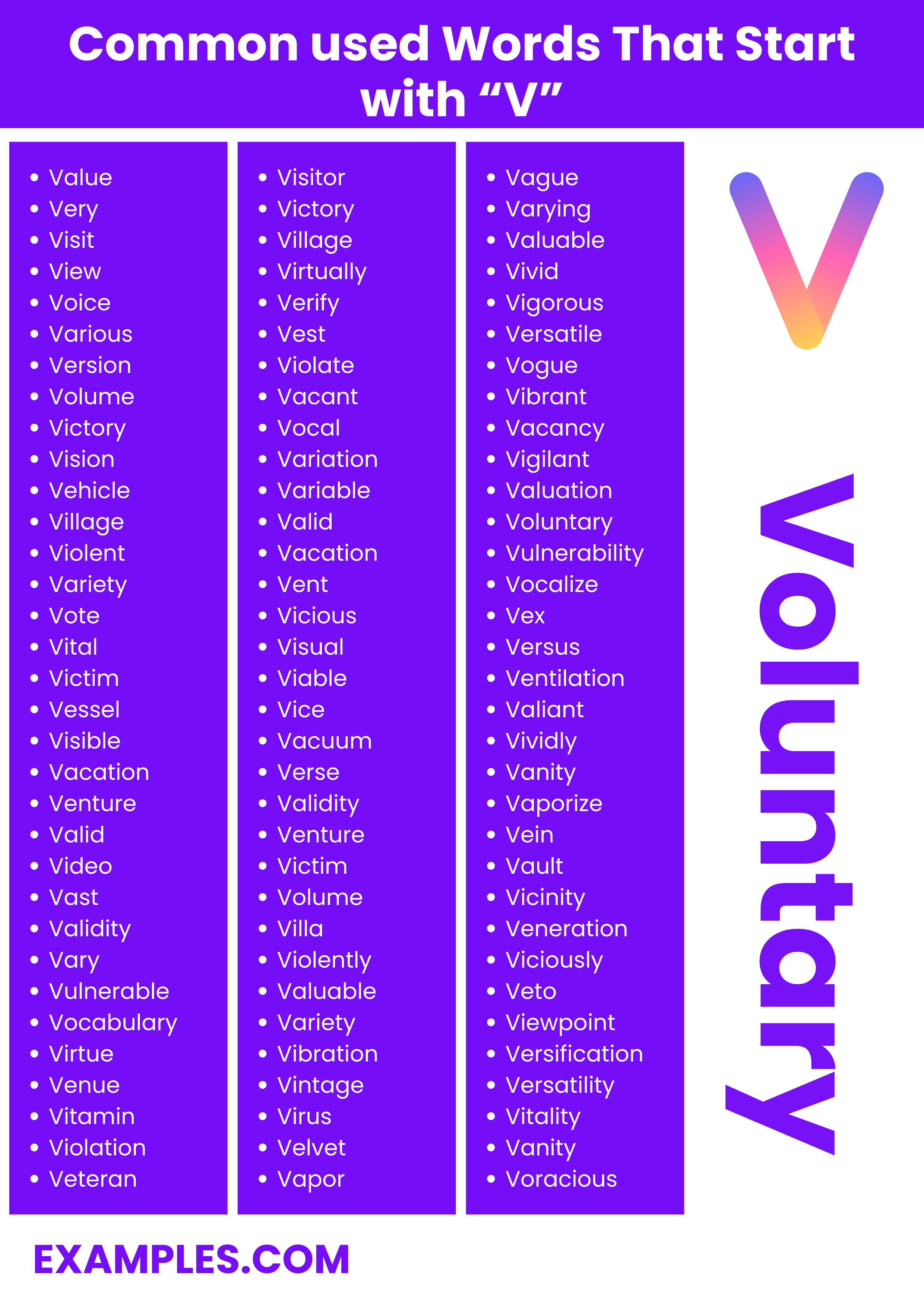 most commonly used words with v