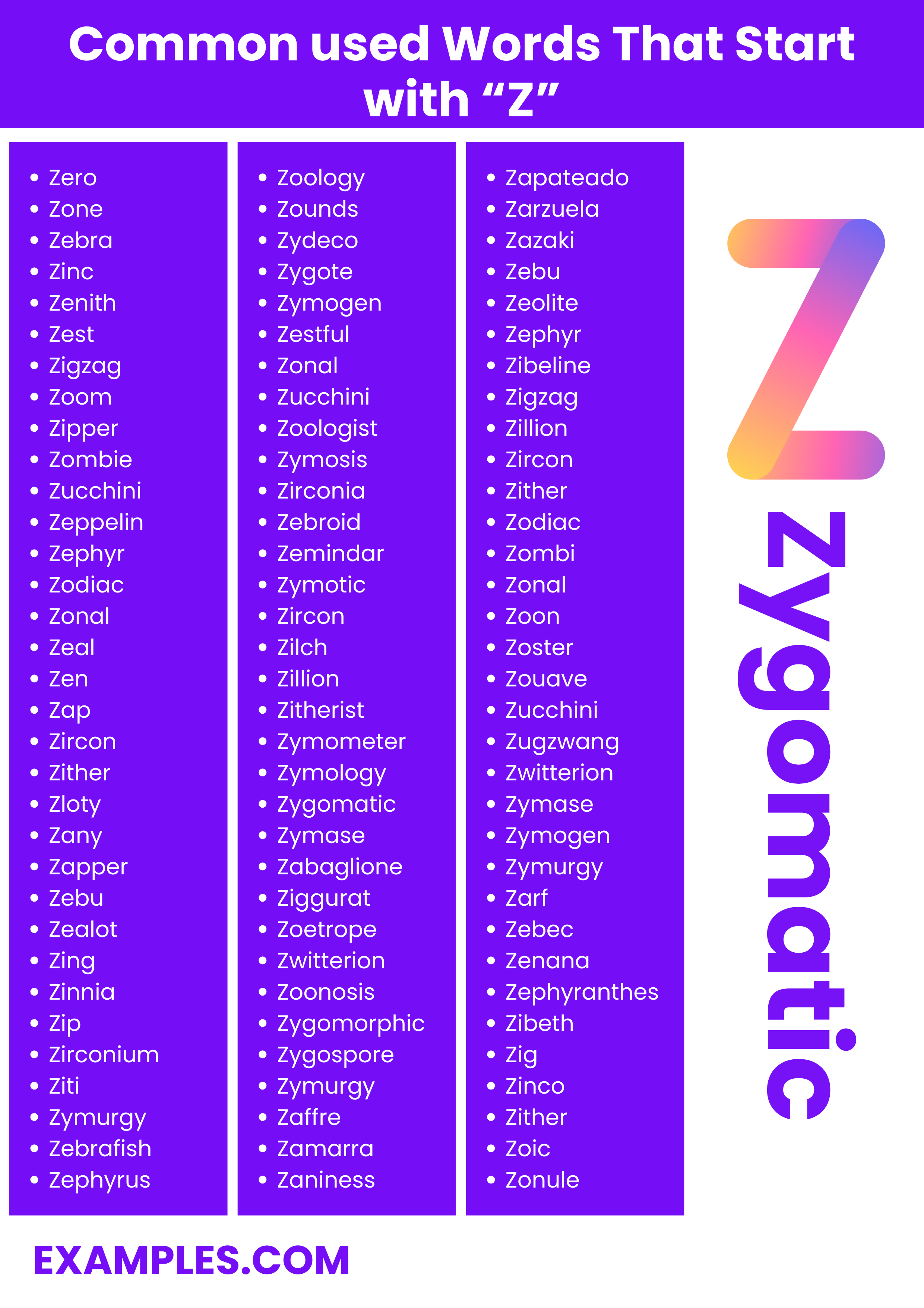 most commonly used words with z