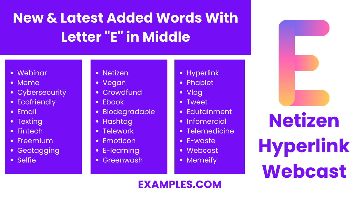 new latest added words with letter e in middle
