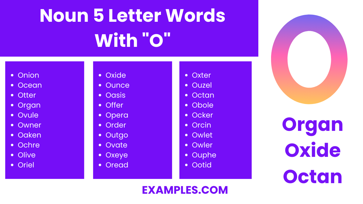 noun 5 letter words with o