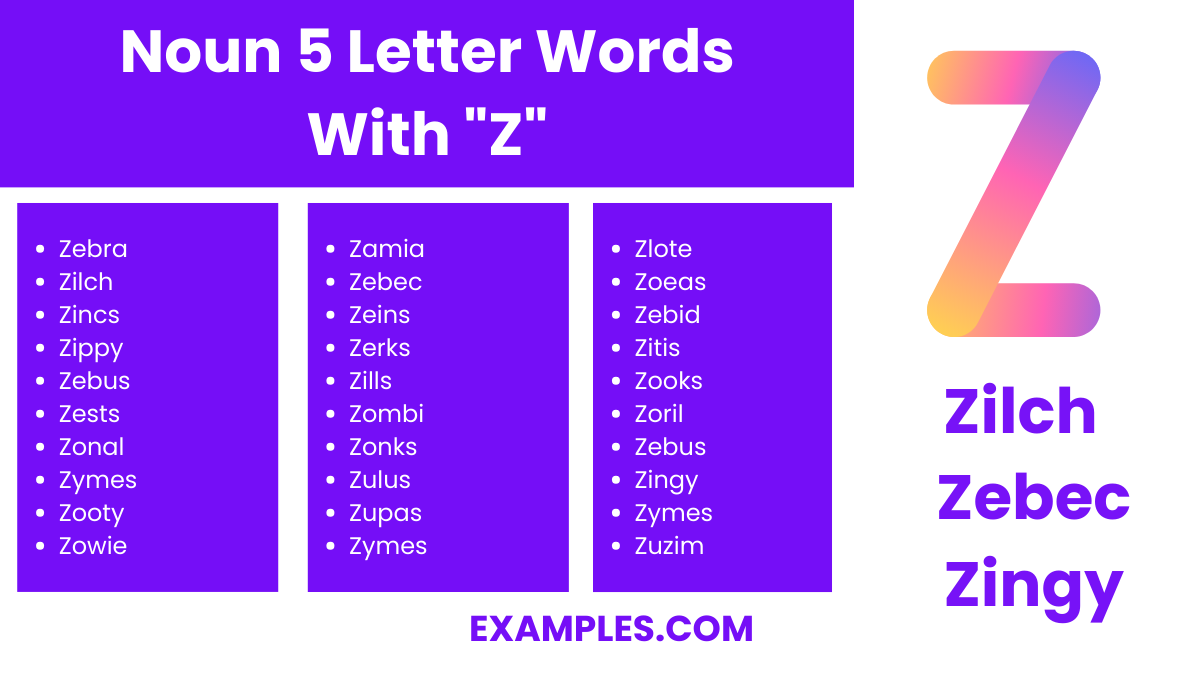 noun 5 letter words with z