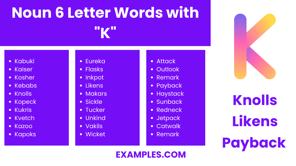 noun 6 letter words with k