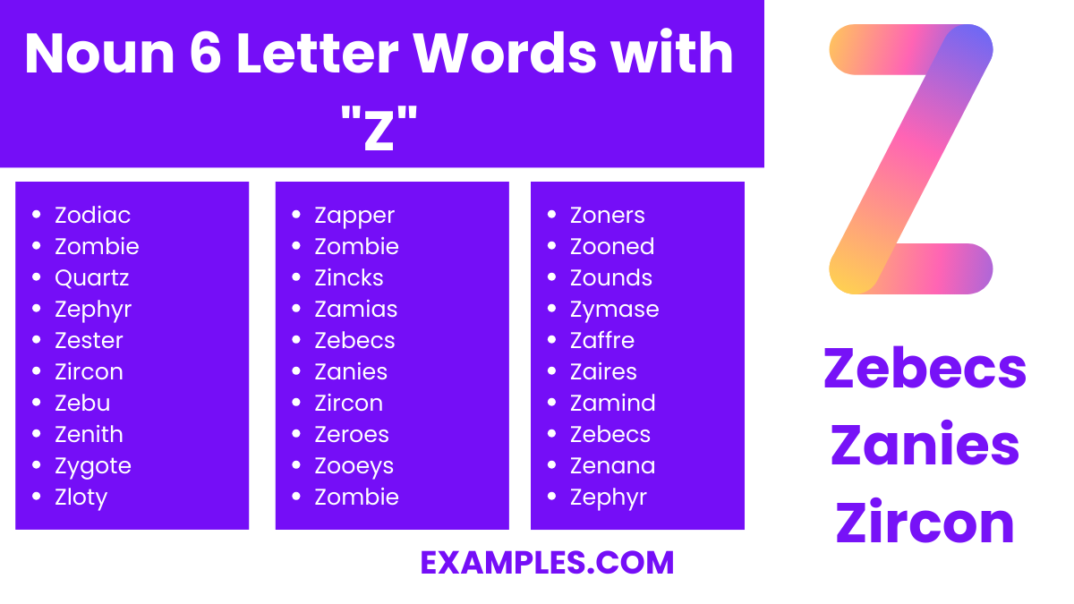 noun 6 letter words with z