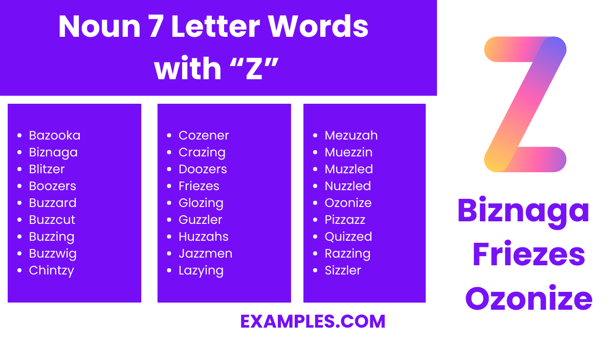noun 7 letter words with z