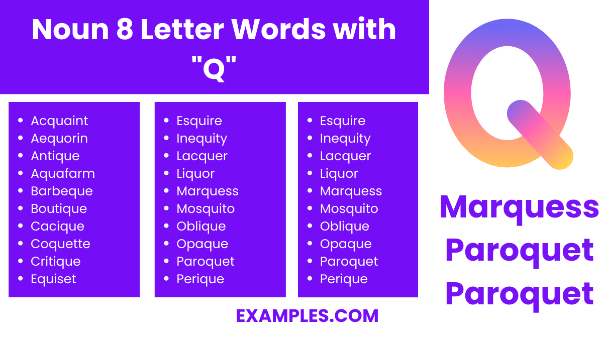 noun 8 letter words with q