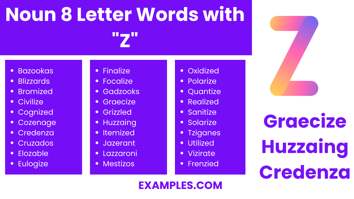 noun 8 letter words with z