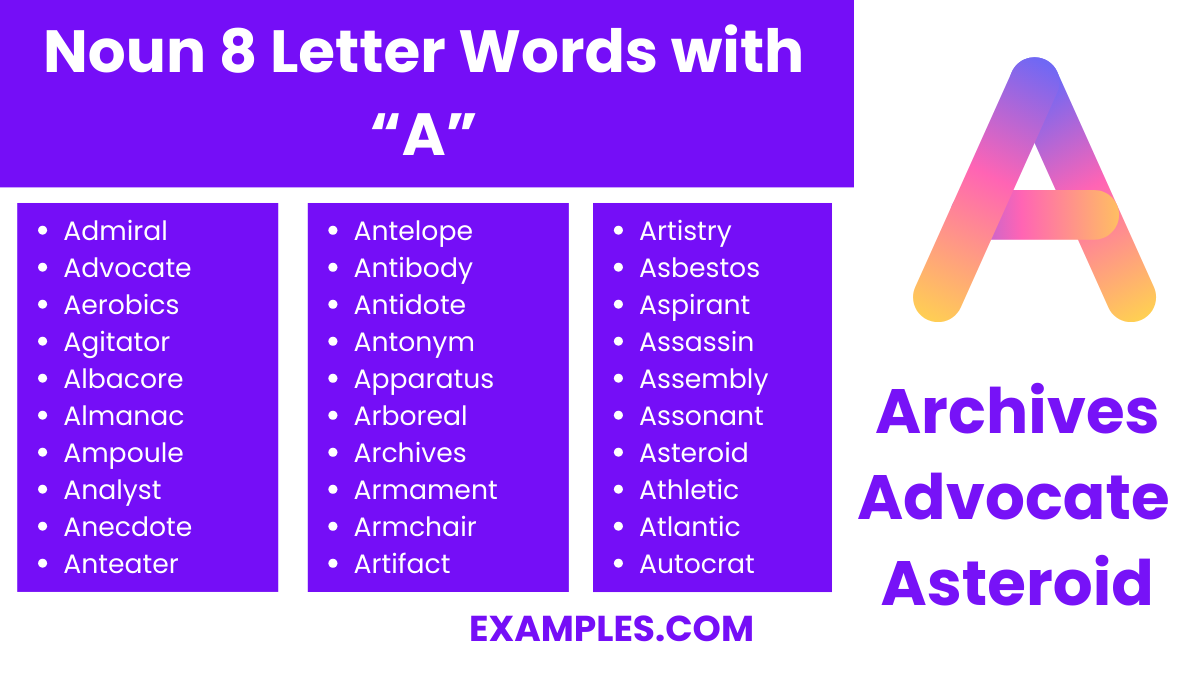 noun 8 letter words with “a”