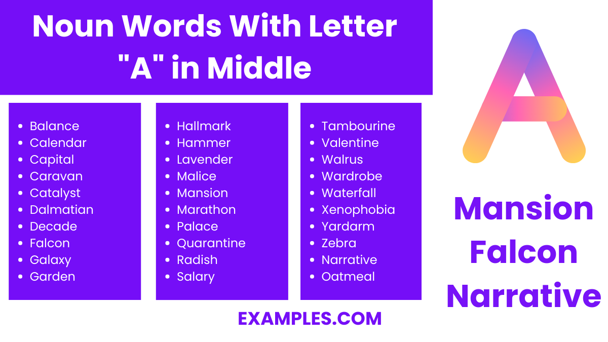 noun words with letter a in middle
