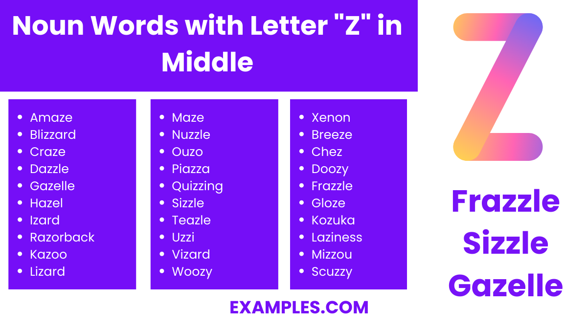 noun words with letter z in middle