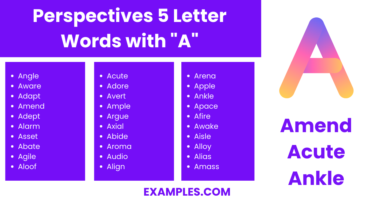 perspectives 5 letter words with a