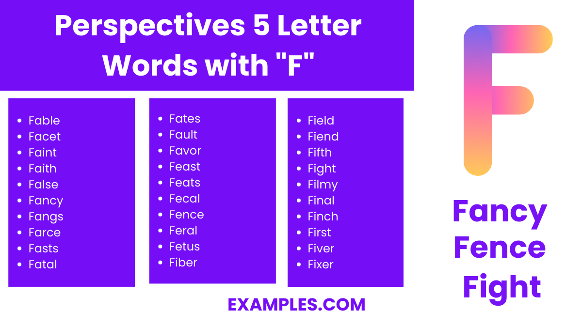 perspectives 5 letter words with f