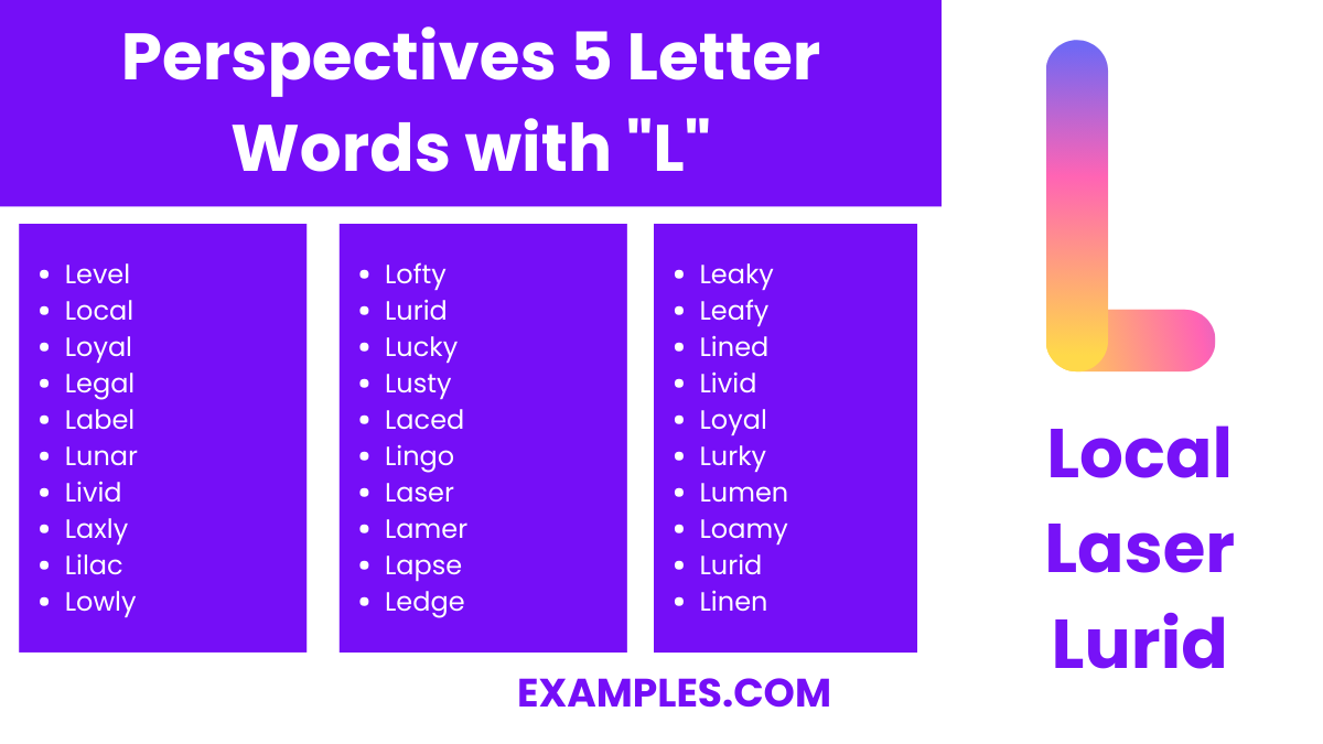 perspectives 5 letter words with l