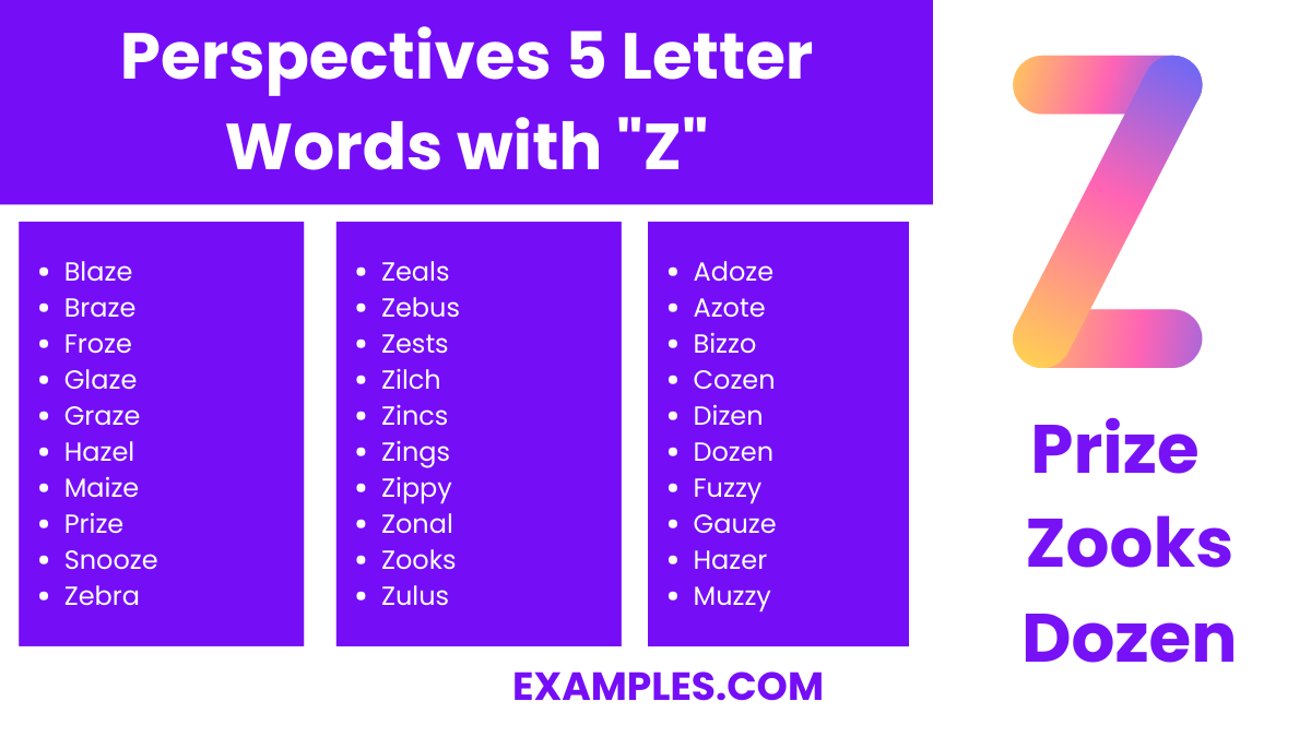 perspectives 5 letter words with z
