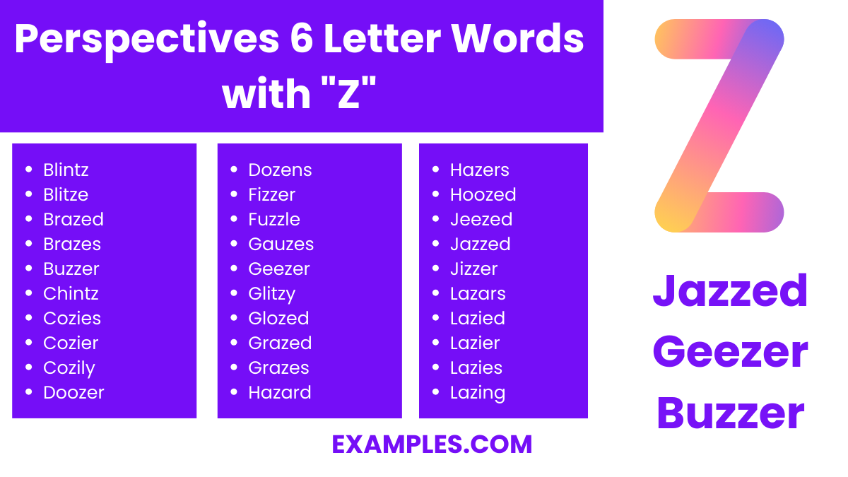 perspectives 6 letter words with z