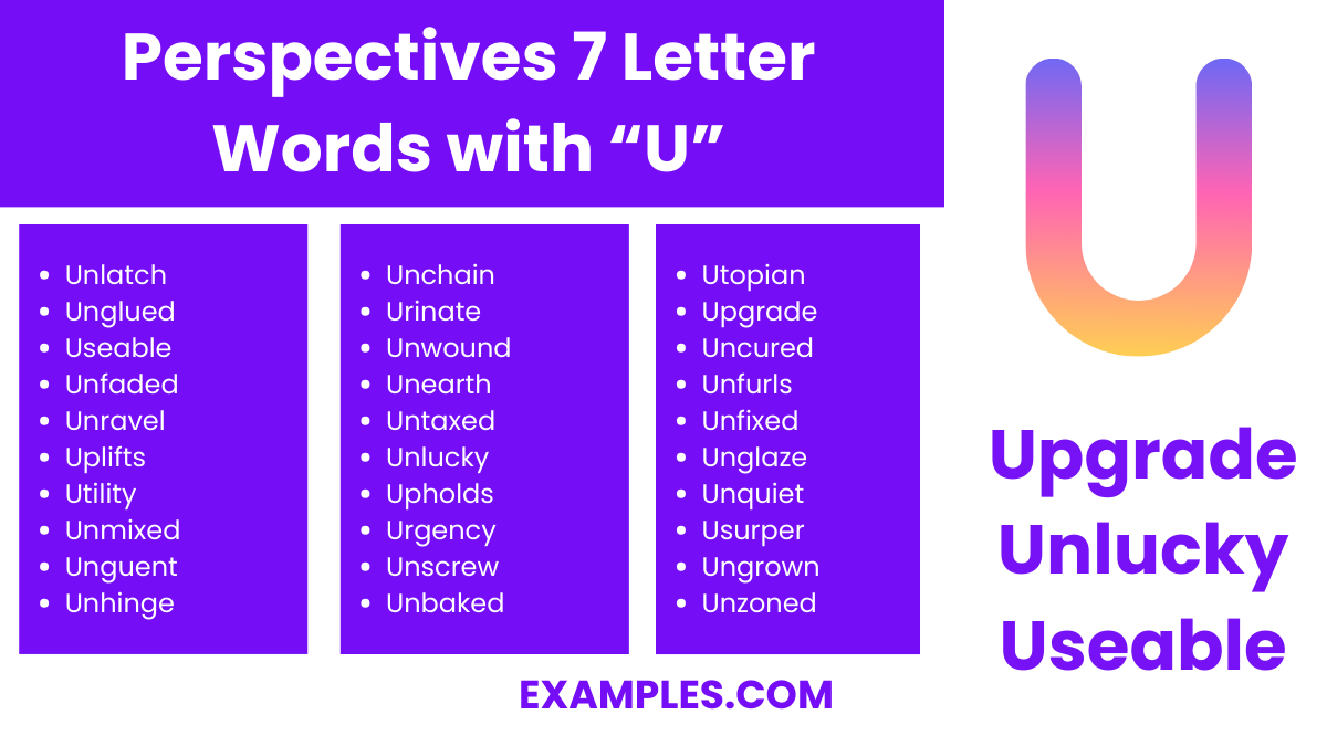 perspectives 7 letter words with u