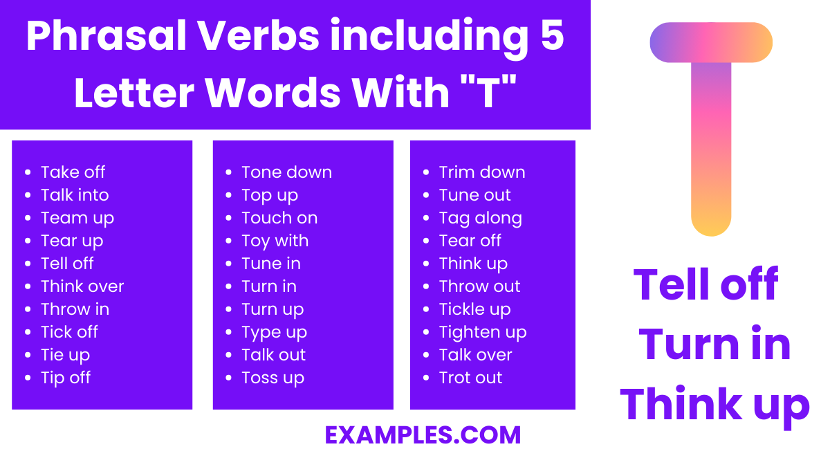phrasal verbs including 5 letter words with t