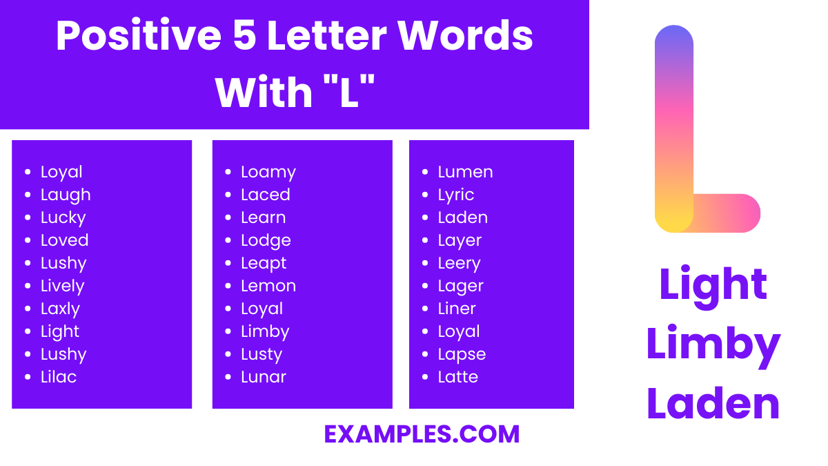 positive 5 letter words with l