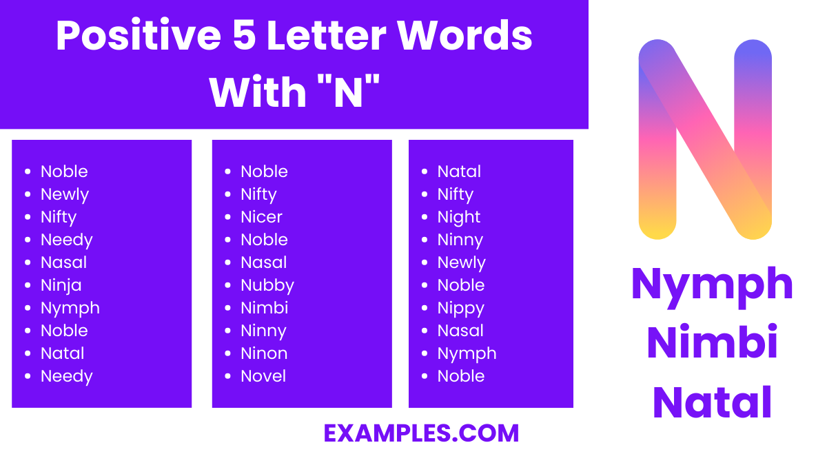positive 5 letter words with n