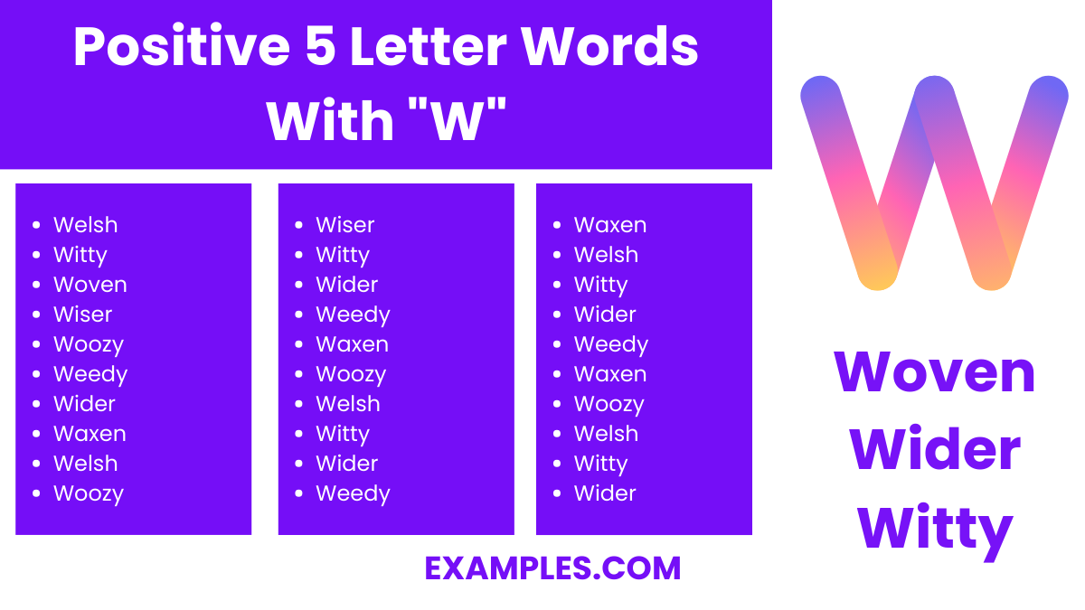 positive 5 letter words with w