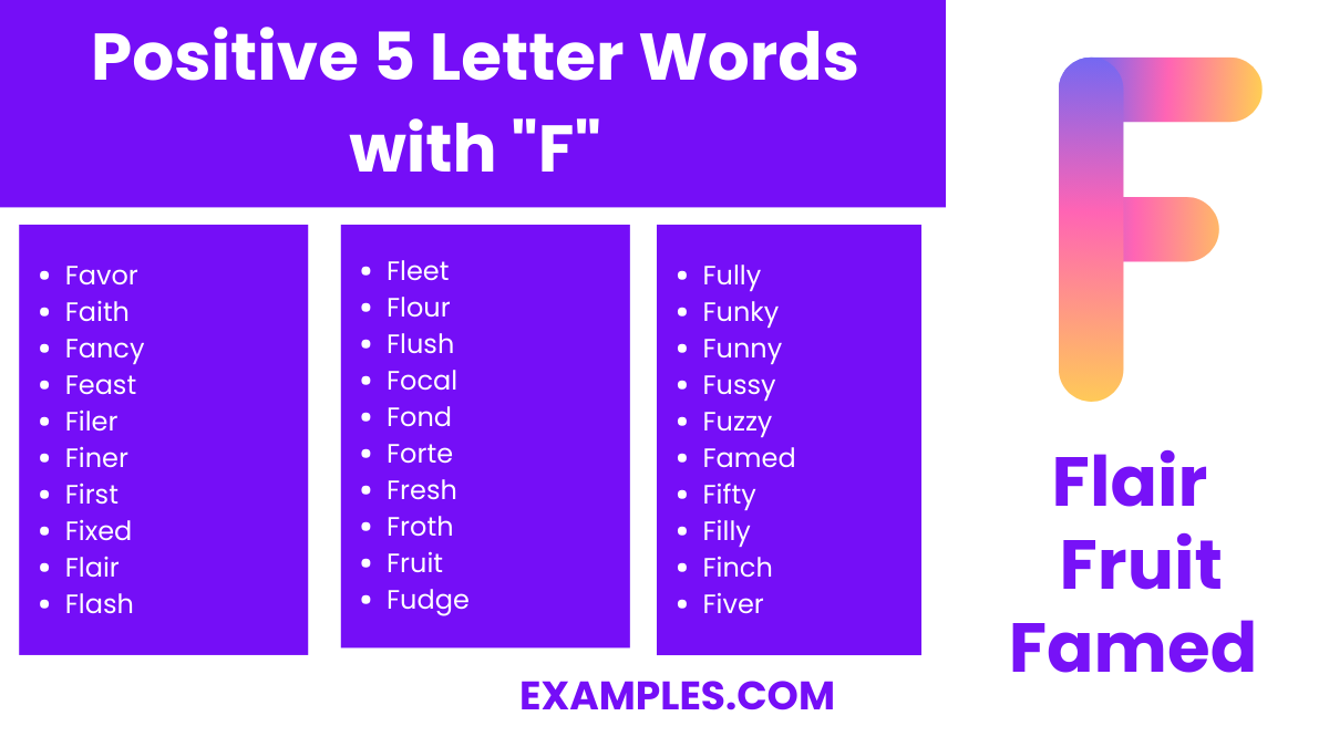 positive 5 letter words with f