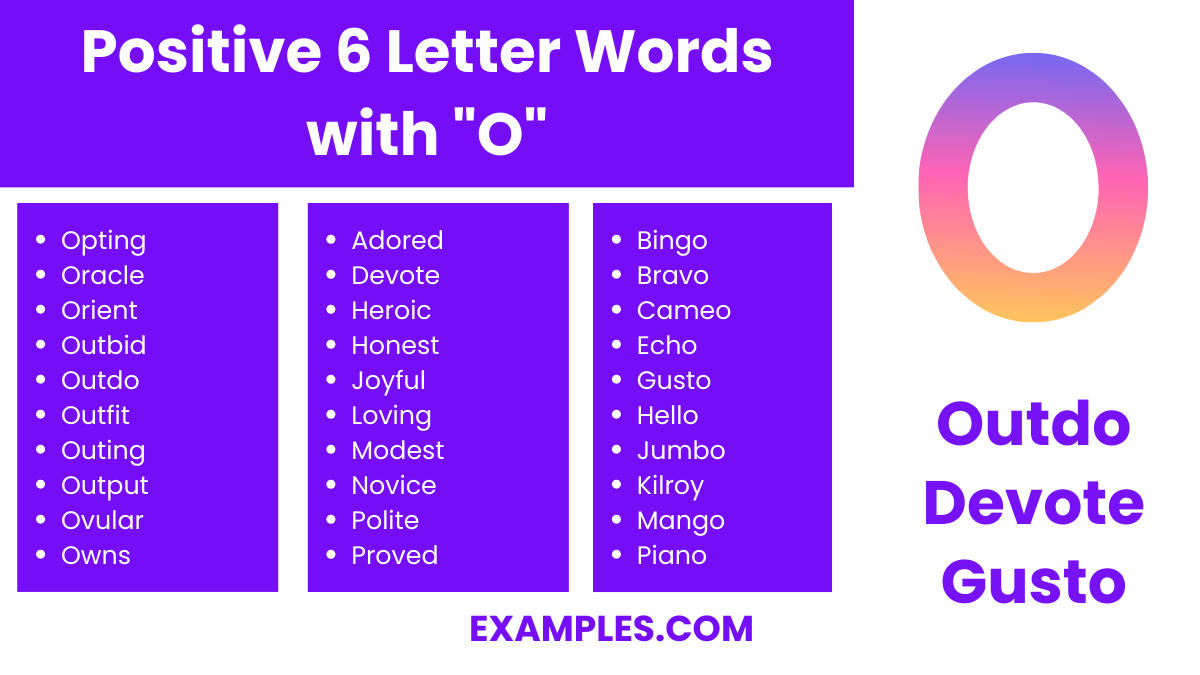 positive 6 letter words with o