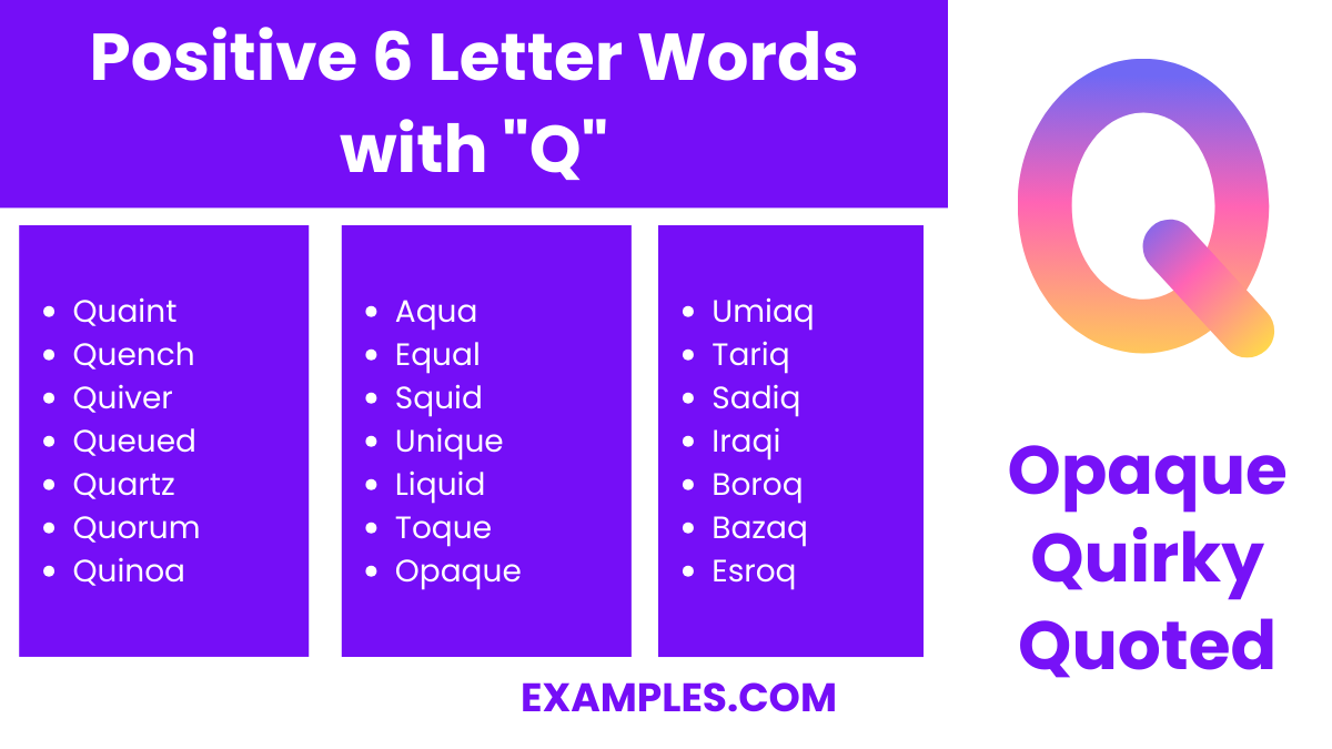 positive 6 letter words with q