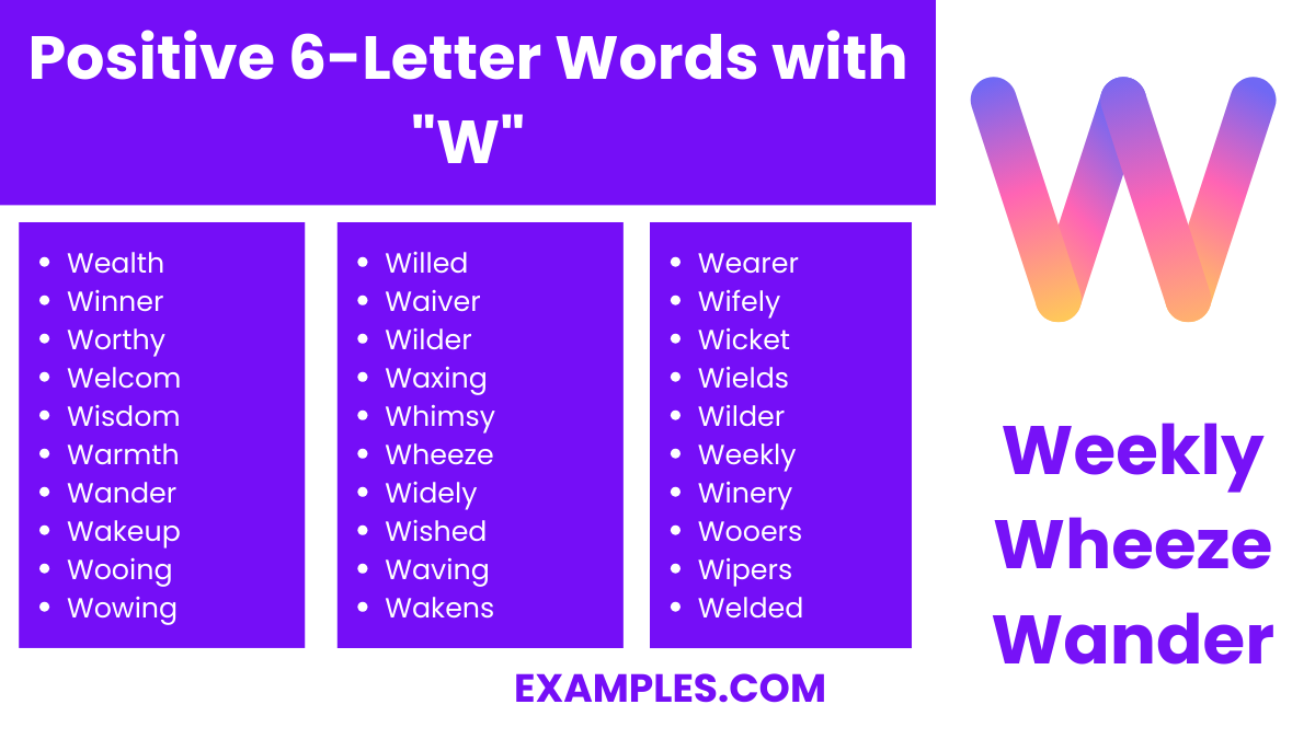 positive 6 letter words with w
