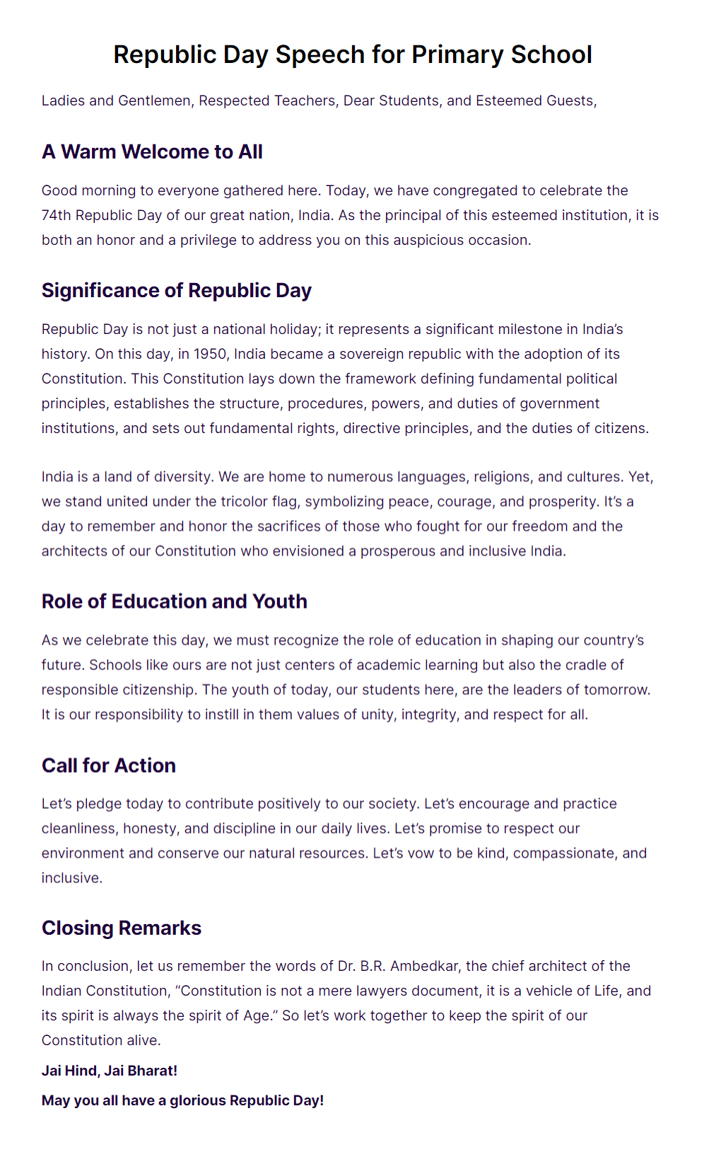 republic day speech for primary school example pdf