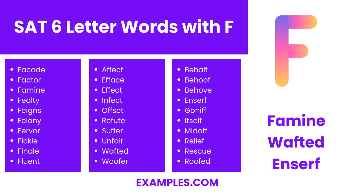 sat 6 letter words with f