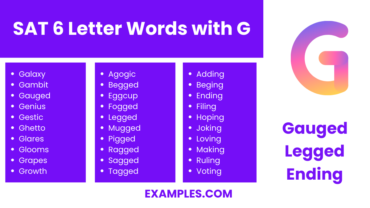sat 6 letter words with g