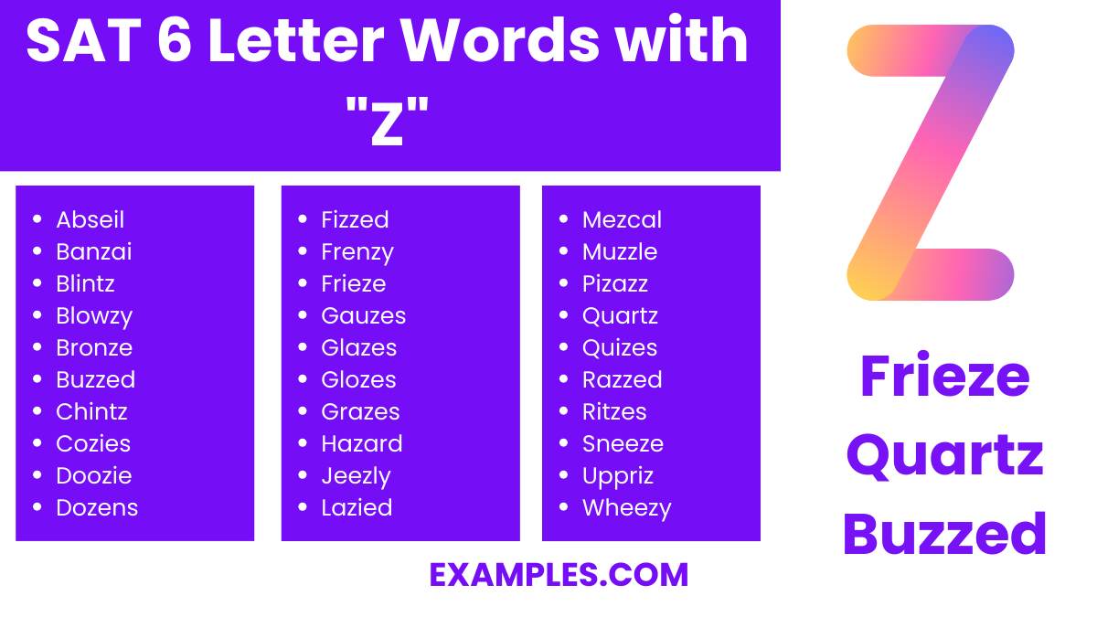 sat 6 letter words with z