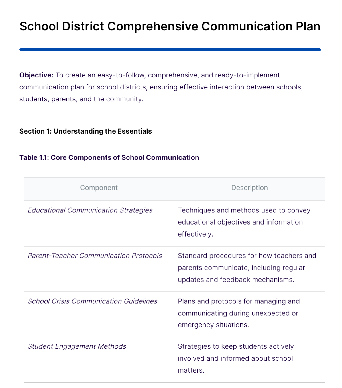 school district comprehensive communication plan