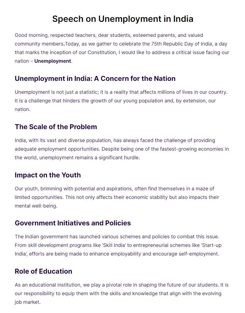 speech on unemployment in india