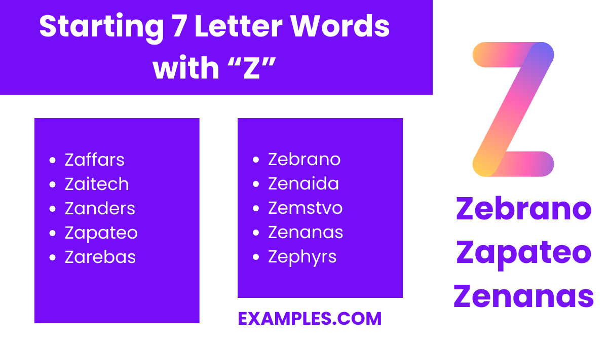 starting 7 letters words with z