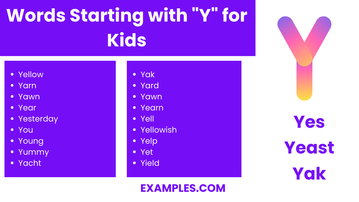 words starting with y for kids