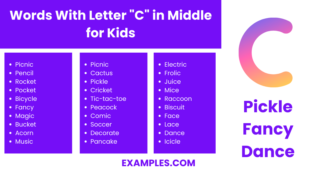 words with letter c in middle for kids