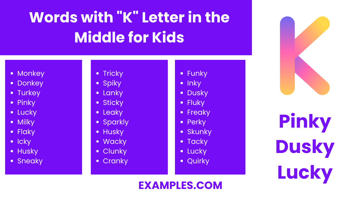 words with k letter in the middle for kids