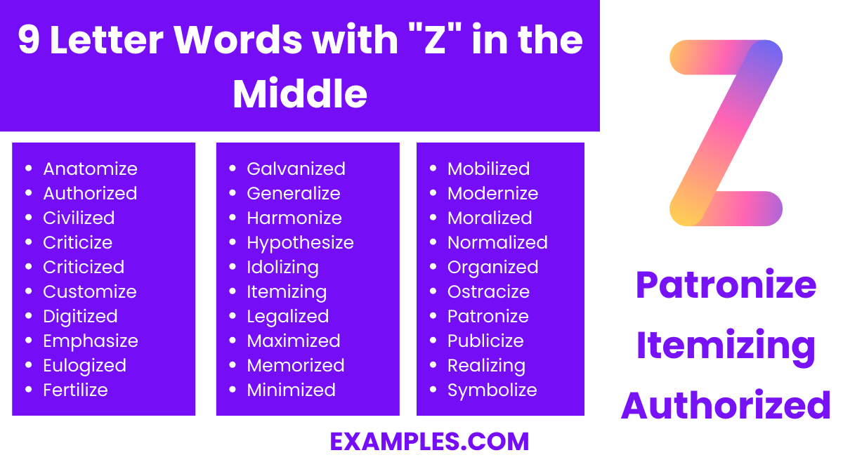 9 letter words with z in the middle