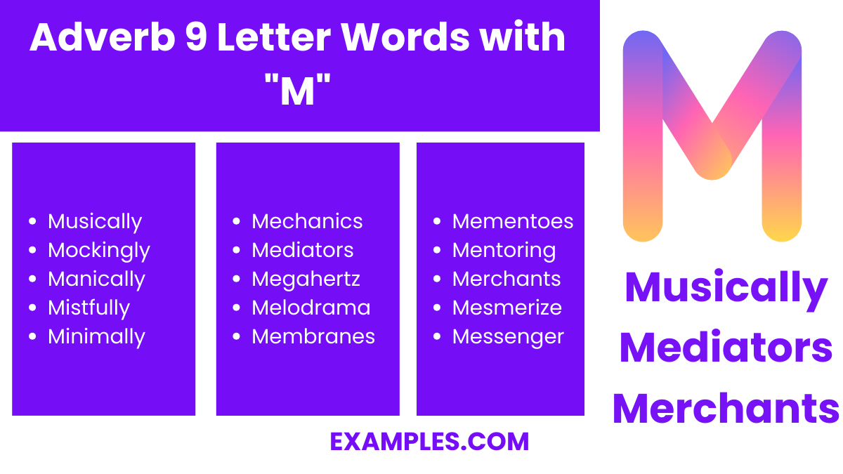 adverb 9 letter words with m
