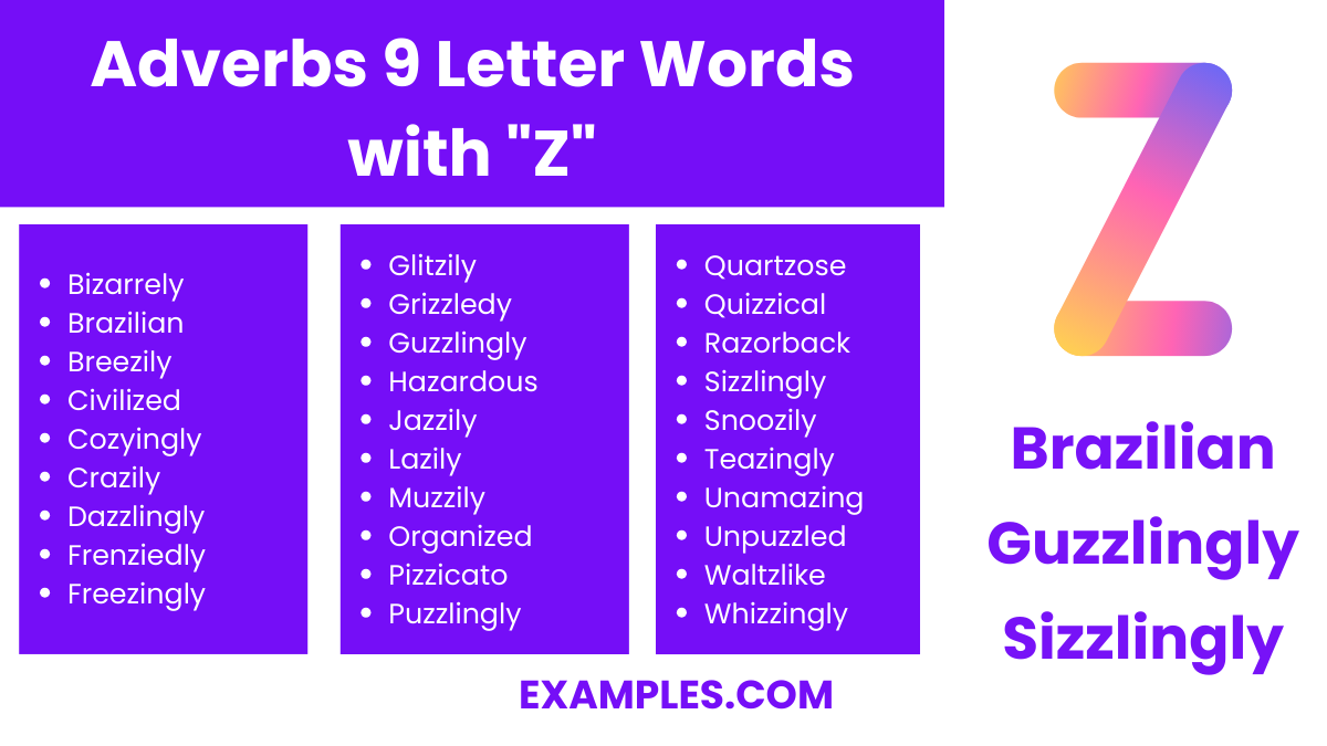 adverbs 9 letter words with z