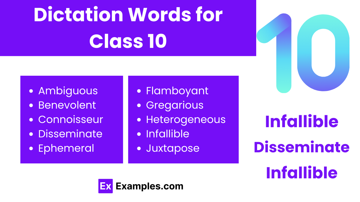 dictation words for class 10