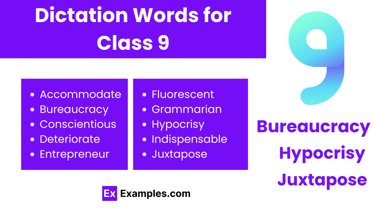 dictation words for class 9