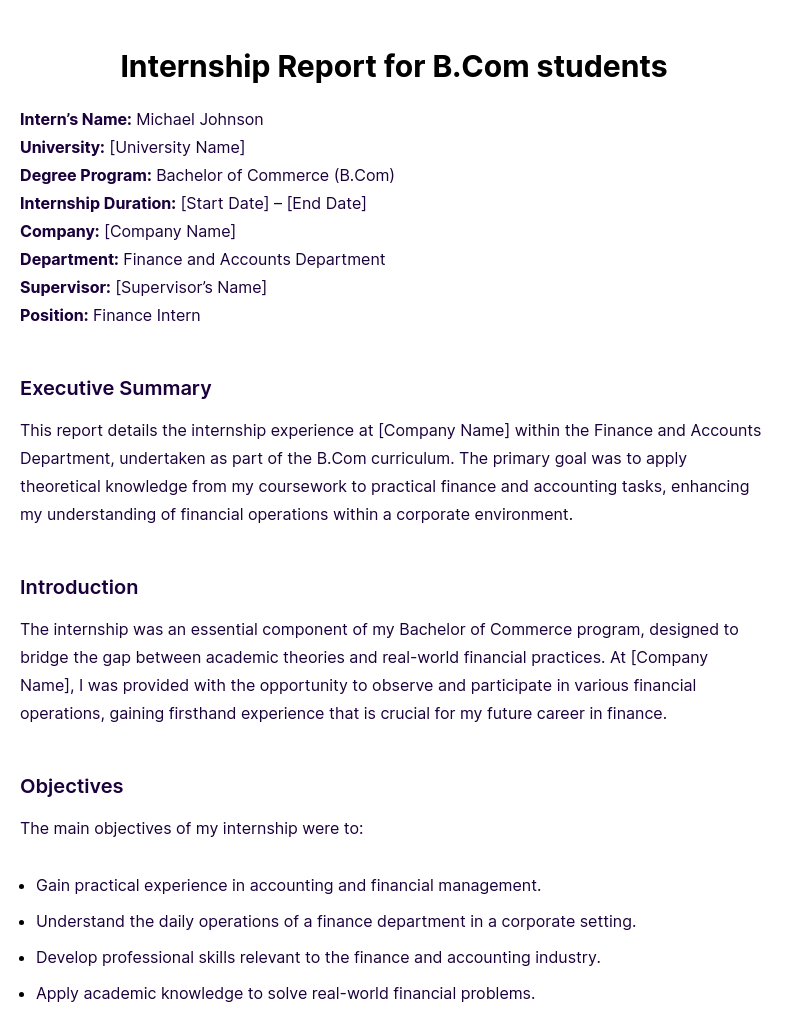 Internship Report For B Com Students Example Edit Download 