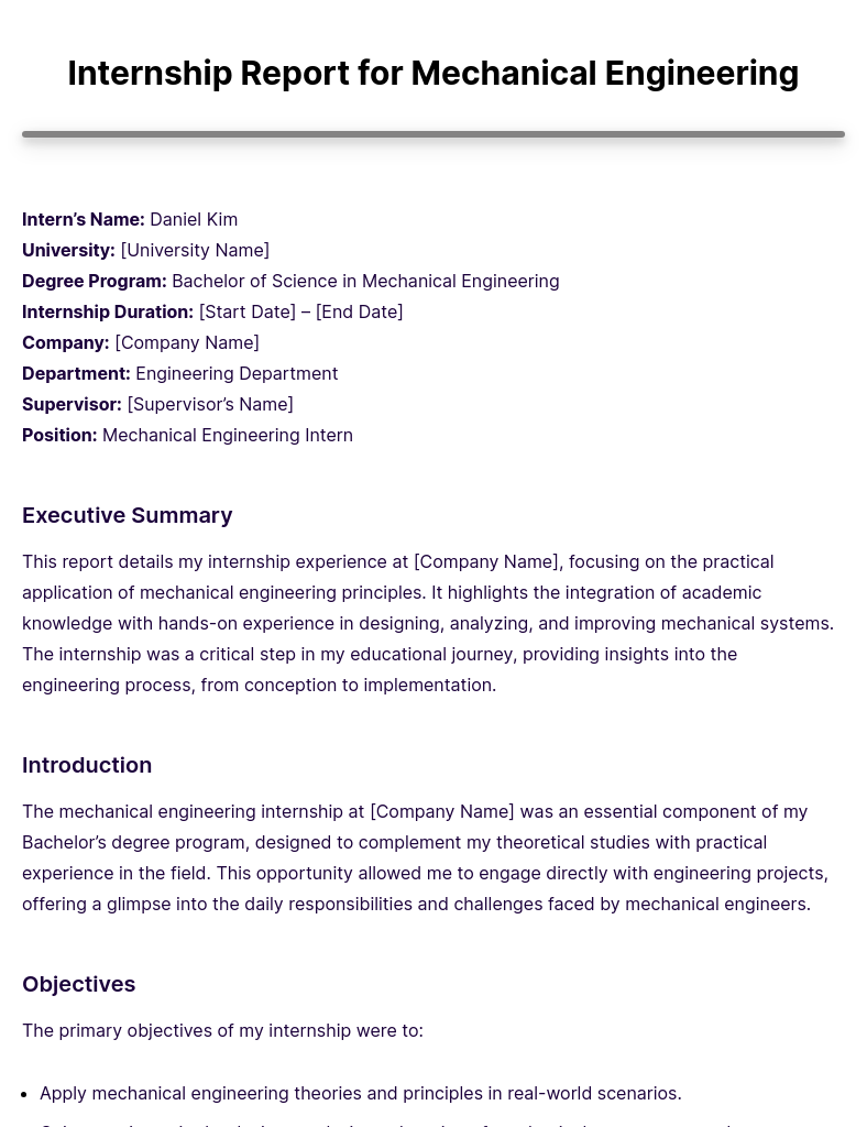 Internship Report For Mechanical Engineering Example Edit Download 