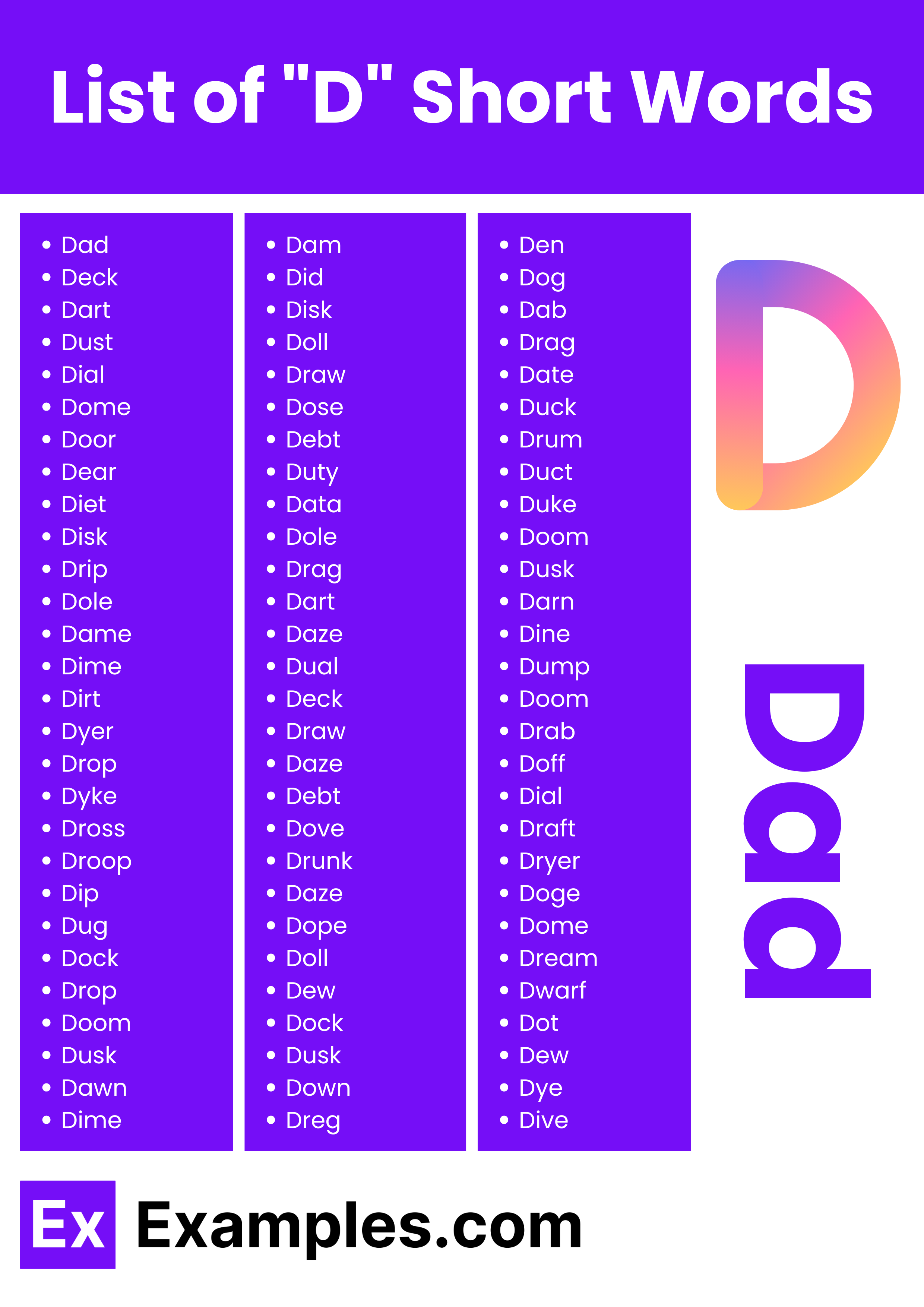 450+ D Short & Long Words, Meaning, PDF