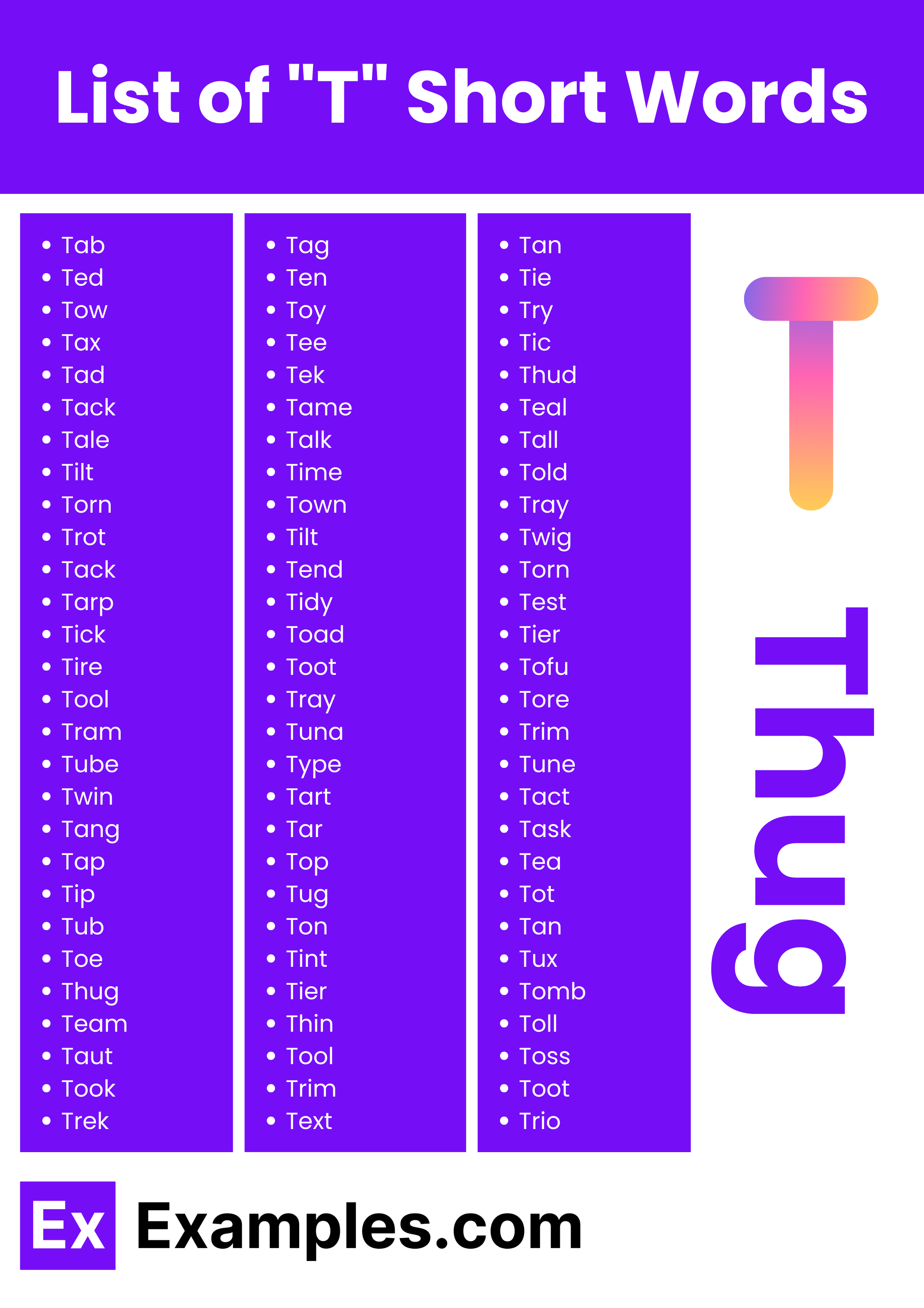 450+ T Short & Long Words, Meaning, PDF