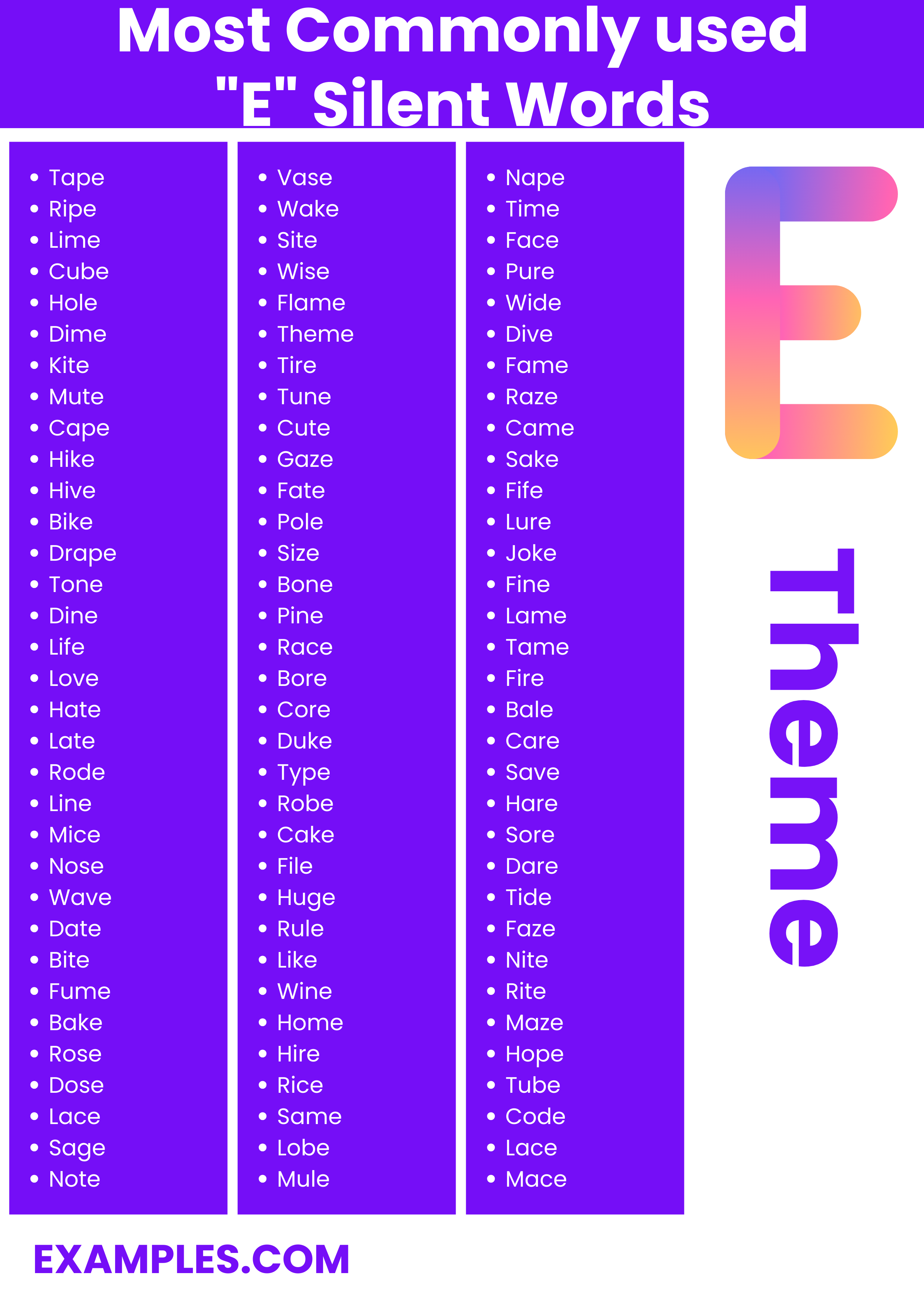 most commonly used e silent words