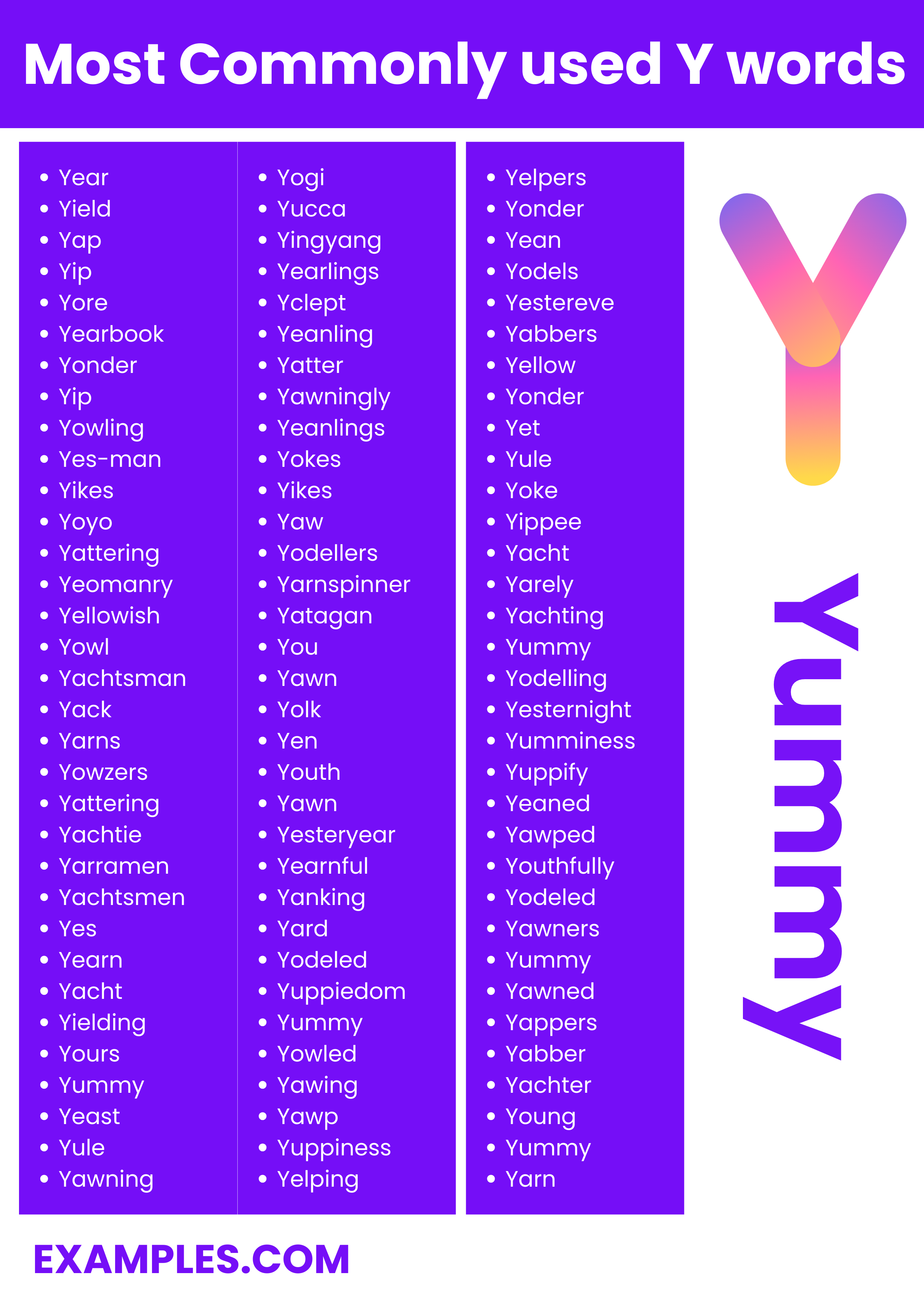 most commonly used y words