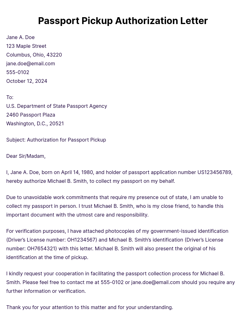 Passport Pickup Authorization Letter Example Edit Download 